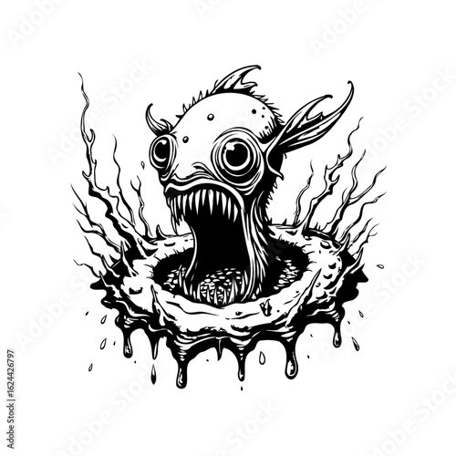 Black and white scary sea monster illustration creating a dynamic scene from a spooky underwater world with menacing teeth