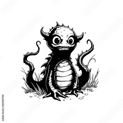 A whimsical creature emerges from the shadows with mischievous horns and spiky tail illustration