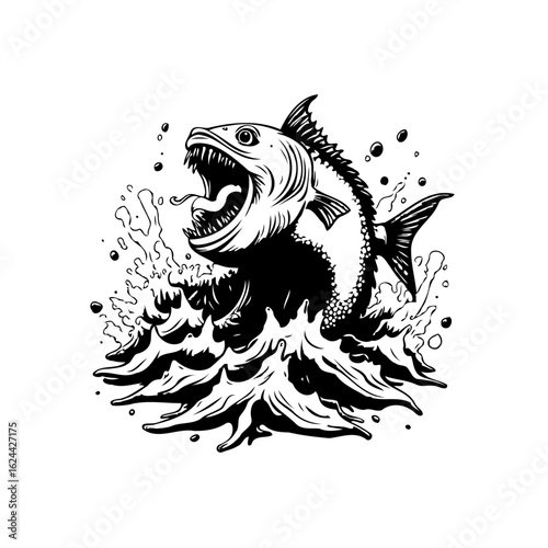 Striking monochrome illustration showcases a fish leaping amidst splashing water portraying an aquatic adventure narrative
