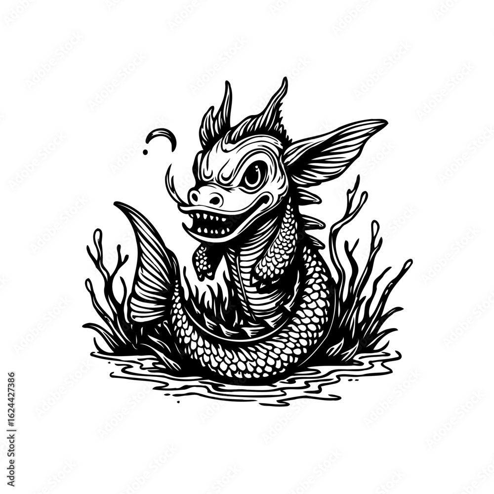 Obraz premium Mystical creature emerges from water a captivating artwork featuring mythical dragon illustration drawing, sea serpent black and white