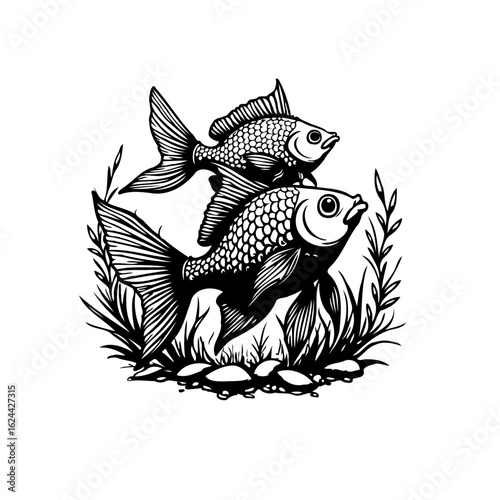 Elegantly crafted monochrome depiction of two fish surrounded by aquatic plants creating a harmonious aquatic scene