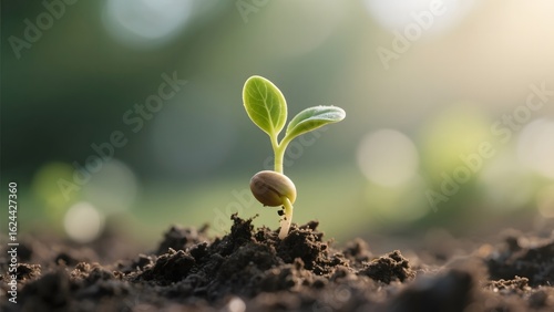 A young plant sprouting from the soil with a seed still attached, set against a soft, natural background.