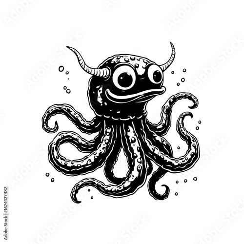 Humorous depiction of an octopus with horns a delightful cartoon style aquatic character illustration