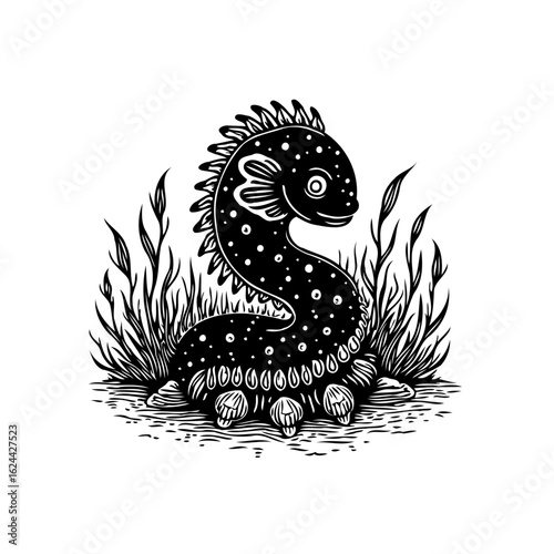 Whimsical sea monster in a playful cartoon style illustration evoking childlike wonder and imagination and joy