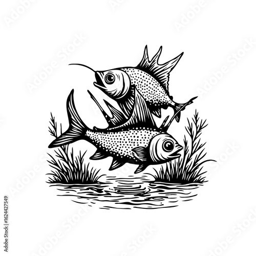 Elegant vintage illustration showcasing two fish swimming in water surrounded by reeds in monochrome style