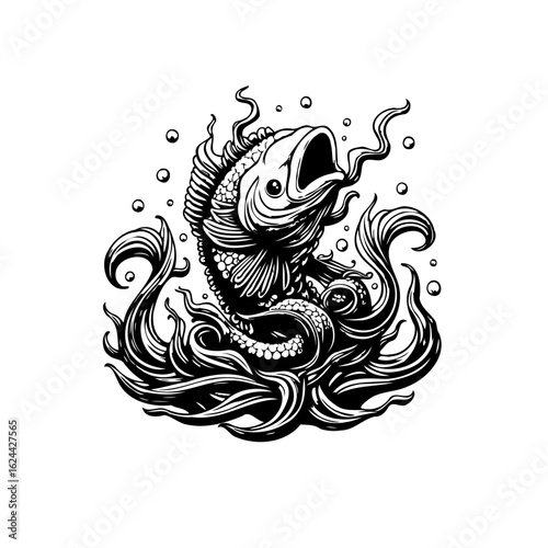 Detailed monochrome drawing of a fish amidst flowing water and floating bubbles capturing intricate details and artistic style