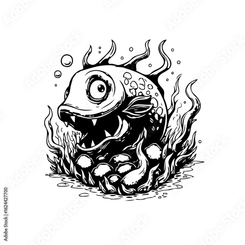 Cartoonish aquatic monster illustration with sharp teeth lurking beneath stylized waves and rock composition drawing