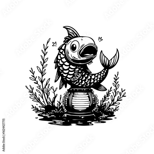 Illustration of a surprised fish on a platform surrounded by plants and liquid, artistic design