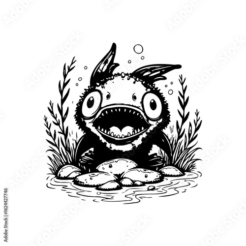 Whimsical creature in black and white with open mouth a river setting design illustration