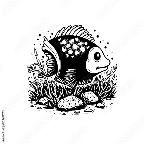 Underwater scene showcasing a whimsical black and white fish amidst aquatic plants illustration