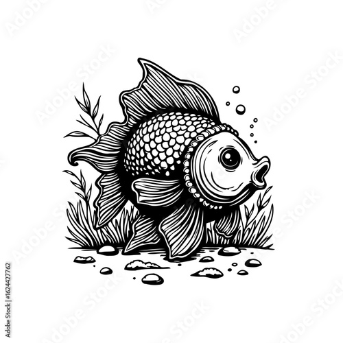 Whimsical fish illustration in black and white perfect for children's books and decorative elements ideal aquariums