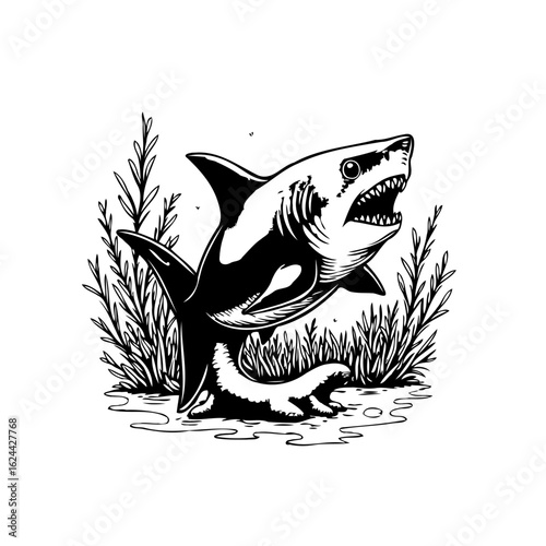 A captivating monochrome drawing of a fierce shark emerging from the water, amidst aquatic plants, artistic rendering