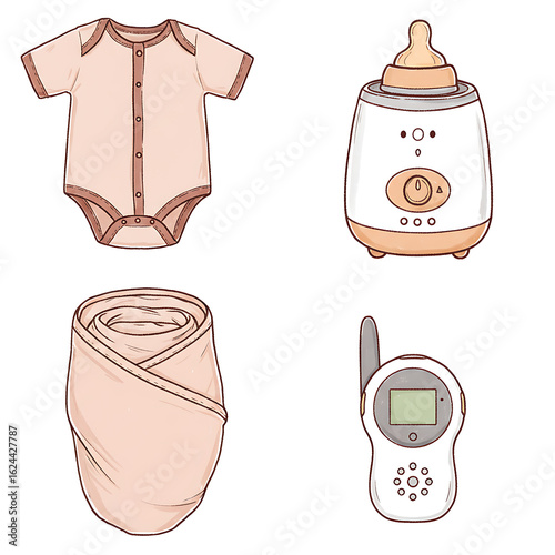 Baby Essentials: Onesie, Bottle Warmer, Baby Wrap, and Monitor