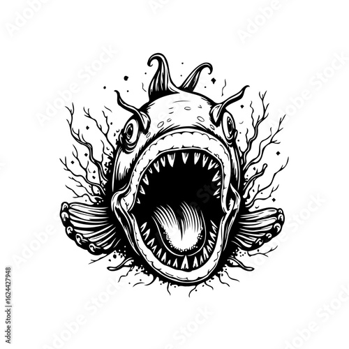 Black and white predatory anglerfish illustration with open mouth and sharp teeth ready to attack underwater