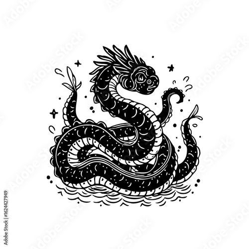 Mystical sea serpent illustration embodying mythological creature design, adding a whimsical and creative visual flair