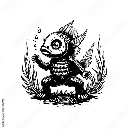Whimsical underwater world a captivating black and white vector illustration featuring a charming fish creature