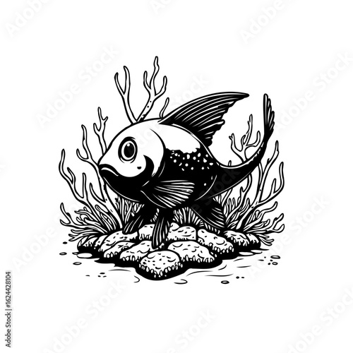 Stylized aquatic fauna illustration of a fish swimming gracefully around coral reef ecosystem monochrome