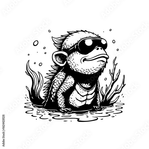 Character design of a comical lizard with a humanoid monkey features wearing sunglasses in black and white style