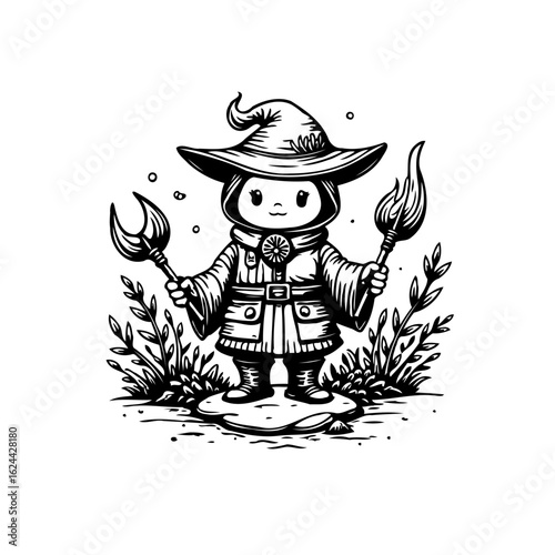 Charming cartoon wizard character casting spells with magical wands in a whimsical forest setting illustration