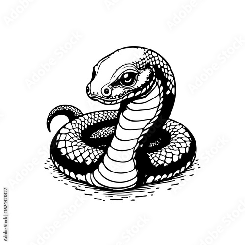Elegant and striking black and white illustration of a coiled snake, perfect for tattoo designs or artistic projects