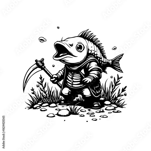 Cartoon fish grim reaper character illustration wielding a scythe in black and white style for creative art
