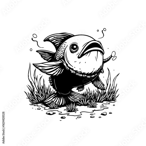 Black and white illustration of a cartoon fish swimming among aquatic plants with open mouth