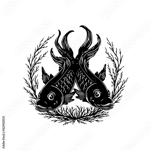 Ornate hand drawn illustration features two fish entangled with each other forming a unique design