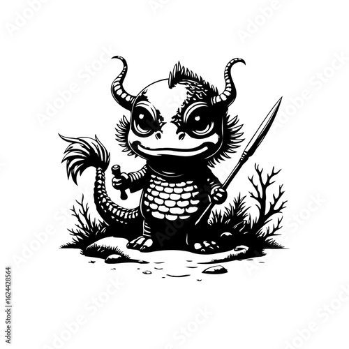A captivating and whimsical black and white illustration of a charming cartoon dragon character holding a spear
