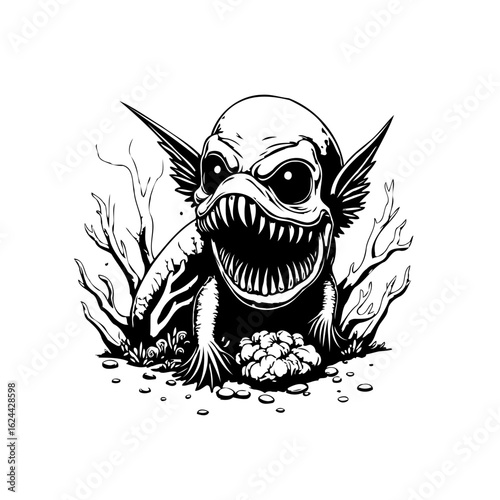 Eerie monster creature lurking amidst barren branches a captivating blend of horror and fantasy artwork