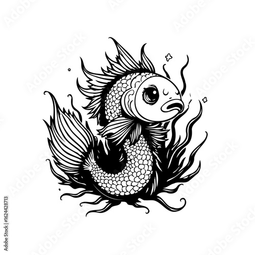 Whimsical aquatic creature an illustration featuring a charming black and white fish swimming gracefully amongst seaweed
