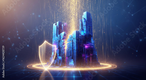 Futuristic laboratory with glowing quantum energy core
