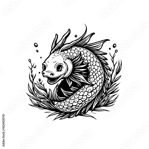 Enchanting illustration of a koi fish swimming gracefully among seaweed in a minimalist style aquatic world