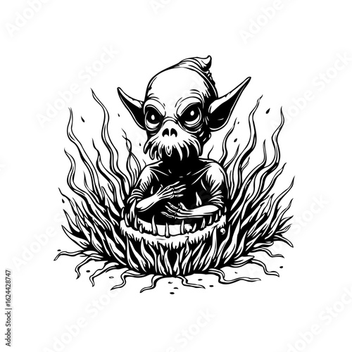Unleash your inner demons: A whimsical illustration of a fantasy creature in a surreal garden setting