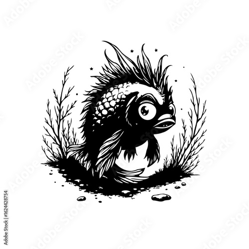 Whimsical fish cartoon illustration with spiky fins and expressive eyes amidst aquatic vegetation design