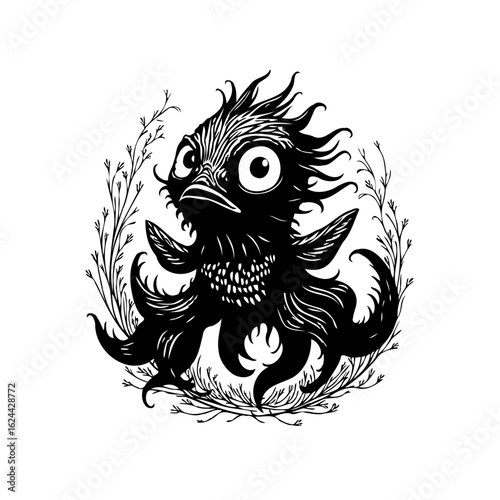 A whimsical hybrid creature a combination of bird and octopus in a decorative plant wreath illustration