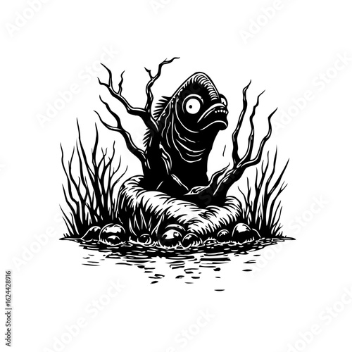 Creepy black and white illustration of a scary fish monster creature emerging from dark water with tree roots