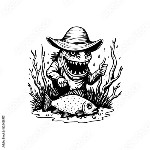 Humorous depiction of a creature in a cowboy hat proudly displaying a caught fish artfully detailed drawing
