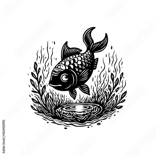 Monochromatic vintage illustration of a fish jumping out of the water in a circle of weeds