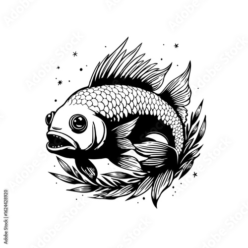 Intricate ink drawing of a whimsical fish encircled by flowing leaves and celestial stars illustration