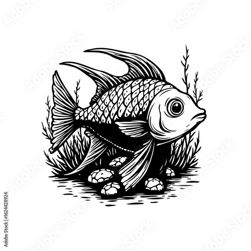 Elegant hand drawn illustration of a fish in black and white showcasing aquatic life and nature's charm with artistic details