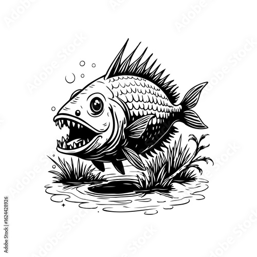 Sharp toothed fish cartoon illustration in black and white, vintage style, wild animal in pond