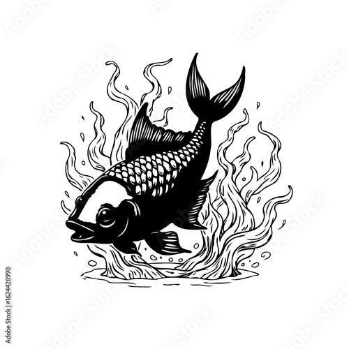 Stylized black and white fish illustration art depicting aquatic life with surrounding decorative waves design concept