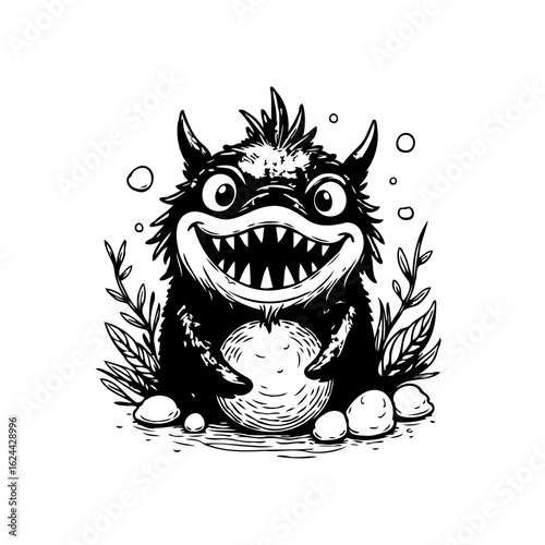 Whimsical and endearing cute monster illustration showcasing a big toothy grin playful character and adorable expression great for books