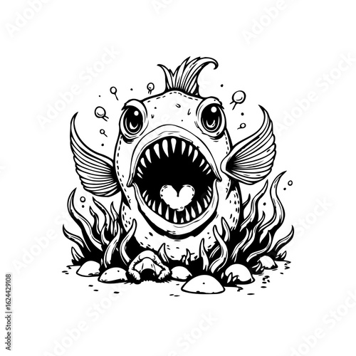 Whimsical monochrome fish illustration with exaggerated features and a heart shaped opening revealing its funny teeth