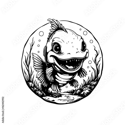 Black and white illustration of a cute cartoon fish surrounded by aquatic plants and bubbles in water world