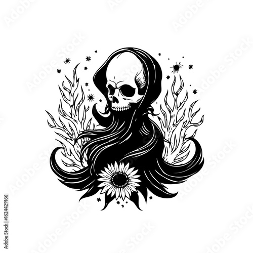 Macabre elegance captivating artistic black and white depiction of death shrouded in a hood and flower symbolism