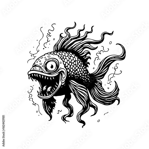 A quirky cartoon fish illustration with exaggerated features showcasing in black and white isolated design element