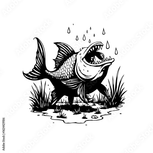 Humorous vector illustration of a surprised cartoon fish in the water with drops above and grass