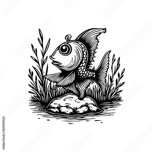 Whimsical aquatic artwork features a cartoon fish on a rock amidst lush vegetation in monochrome design