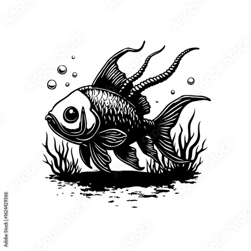 A detailed line art illustration of a fancy goldfish underwater with intricate fin and bubble details